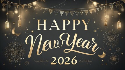 Shimmering Golden “HAPPY New Year 2026” Typography with Lanterns, Bunting, and Starbursts