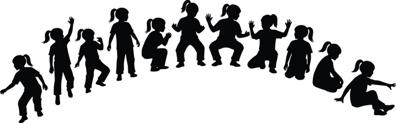 Silhouettes of young girl in various sitting, standing, walking, and playful poses – expressive child movement vector illustration set
