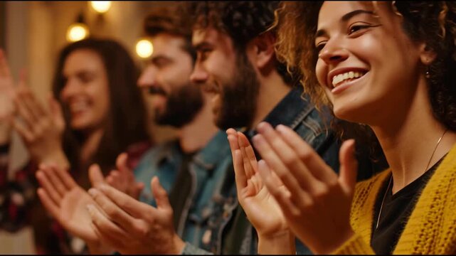 Cheerful woman with curly hair smiling and enjoying ai language learning app in lively group, happy people clapping and expressing positive emotions