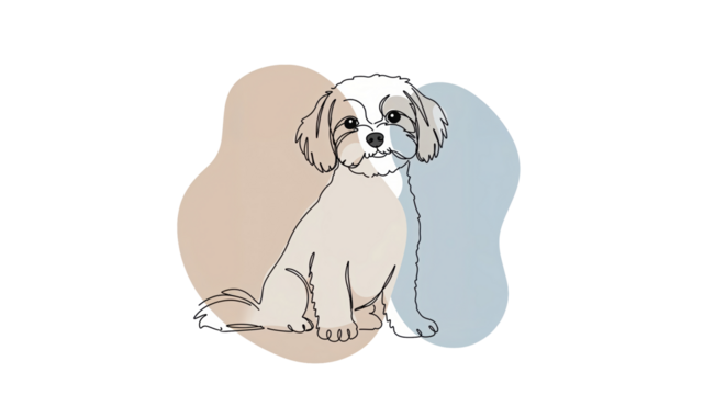 Cute cartoon dog sitting on a colorful background with soft shapes and lines in a playful style