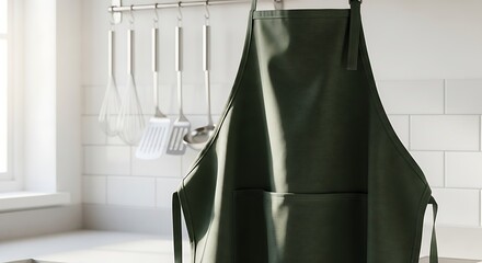 Dark Green Apron Hanging in Modern Kitchen with Natural Sunlight and Cooking Tools