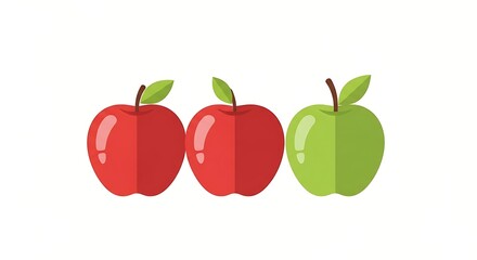 Three Fresh Apples - Two Red and One Green, Isolated on a White Background, Flat Design Style.
