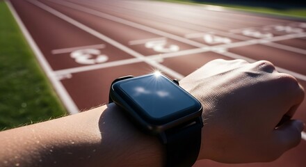 Sleek Digital Smartwatch on Athlete Wrist at Sunny Running Track Ready for Outdoor Sports and Training