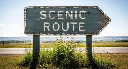 Rustic Sign Directing Travelers Via a Picturesque Scenic Route on a Sunny Day