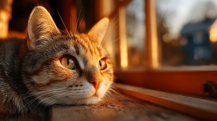 A tabby cat is lying on a windowsill, looking out at the golden sunset, its fur glowing in the warm light, creating a cozy and peaceful atmosphere