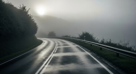 Serene Road Through Misty Landscape Depicting Atmospheric Conditions and Natural Beauty