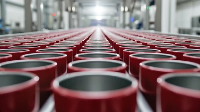 Endless Rows of Red Aluminum Cans Moving Through a Modern Automated Industrial Factory