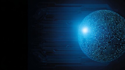 Abstract hi-tech circuit board background with spherical element representing digital technology, innovation, electronics, network, data, future, connection, computing, system, and modern concept
