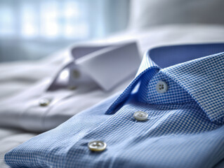 Two neatly folded dress shirts featuring a blue checkered pattern and classic white design arranged on a soft surface with natural light softly illuminating the scene