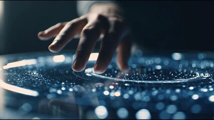 Hand interacts with futuristic ai language learning app interface glowing with blue digital light, particles, and innovative technology modern - Powered by Adobe