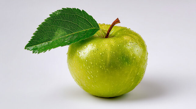 A single green apple with a leaf and water droplets against a white background shines bright