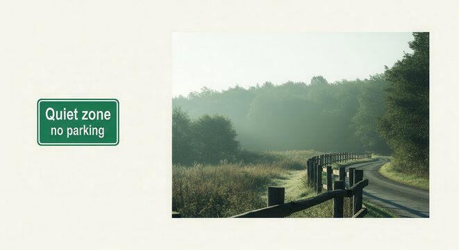 Serene Scenic Road With Misty Forest Landscape And Restrictive Traffic Sign