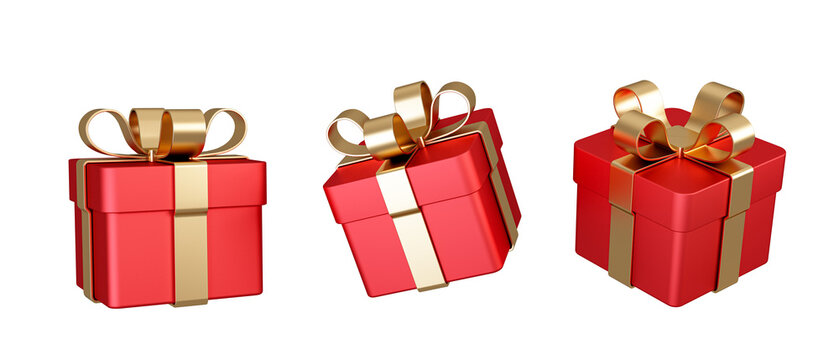Set of red gift box with golden ribbon isolated on white