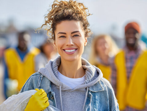 A cheerful young woman participating in a community cleanup event, smiling confidently while holding a trash bag and wearing protective gloves, surrounded by volunteers in high-vis