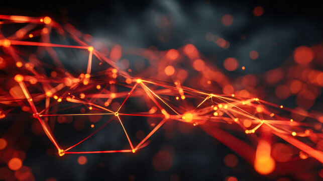 Glowing red interconnected network of geometric lines and nodes creating an abstract digital web on a dark blurred background with vibrant bokeh lights and depth eff