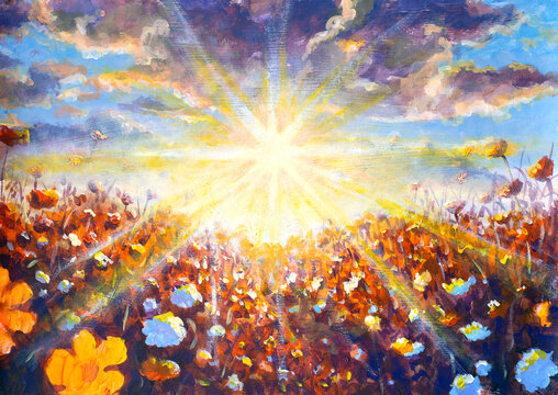 Oil painting depicting a field of colorful wildflowers receiving brilliant sun rays from a glowing sun in a dramatic sky, symbolizing hope, optimism, and new beginnings