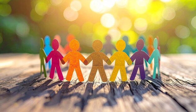 Colorful paper people in circle on wooden surface.