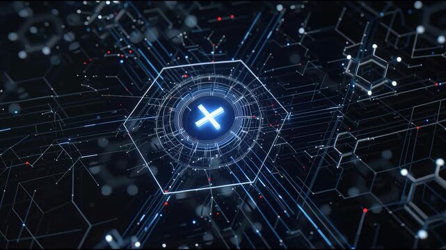 Futuristic digital network technology with glowing blue plus sign, abstract innovation concept, AI public health, cyber connection, blue and black