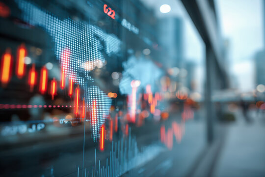 Visualization of global financial market data with glowing red candlestick charts reflecting on glass in a modern urban business district at dusk