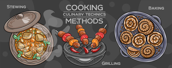 Set of cooking methods and culinary technics . Hand-drawn vector illustration.
