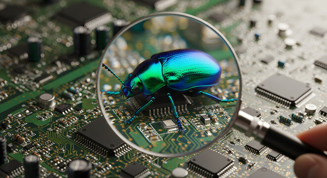 A magnifying glass examining a bug symbolizes the debugging process in software development, magnifying glass, on a circuit board