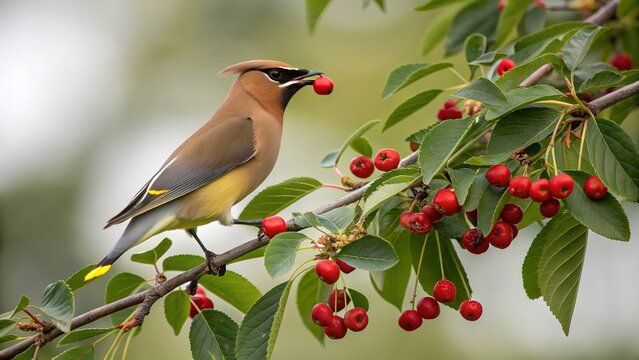 Cedar waxwing perched gracefully on a branch, enjoying a vibrant red berry amidst lush green leaves in a serene natural setting