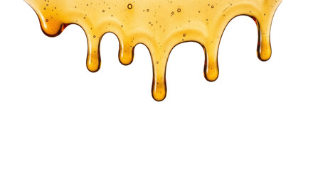 Isolated viscous golden liquid flow against a surface, drizzle of honey or syrup, dripping sweet