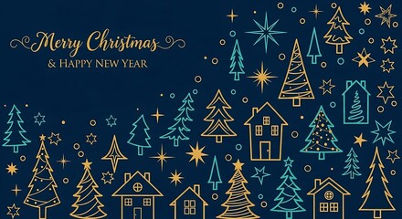 Minimalist holiday banner featuring a whimsical night village and pine forest outlined in gold and teal on dark blue