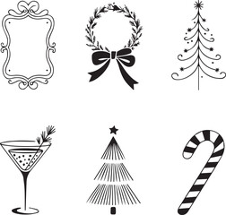 PrinMinimalist Christmas Line Art Icons Set: Decorative Frame, Wreath, Trees, and Cocktail Glasst