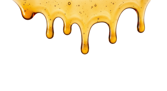 Isolated viscous golden liquid flow against a surface, drizzle of honey or syrup, dripping sweet