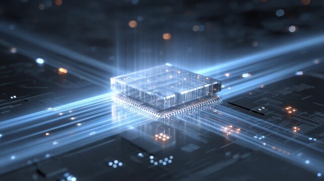 A microchip made of glass and light, with white-blue beams passing through a translucent silicon base.