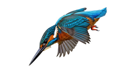 Isolated beautiful Eurasian kingfisher diving for fish, elegant alcedo atthis bird