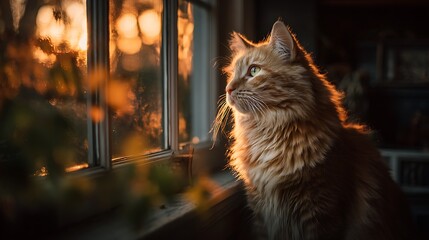 An orange cat sits on a windowsill, watching the golden sunset, its fur glowing in the warm light, creating a peaceful and serene atmosphere