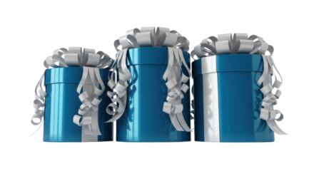Isolated shiny teal gift boxes wrapped with silver ribbon and bow, festive arrangement