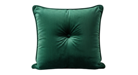Isolated decorative square cushion for home decor or interior design, dark green fabric