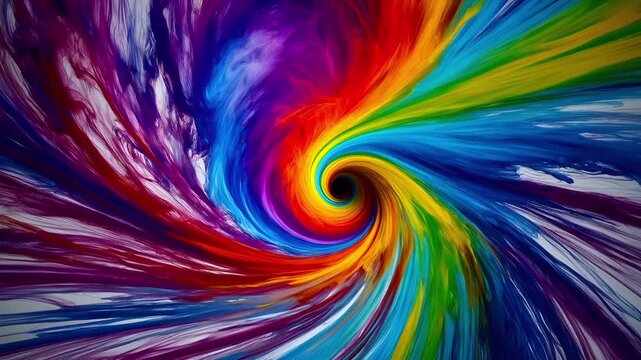 A vivid, evolving swirl of rainbow colors flows and morphs in an abstract, boundless space, forming fluid patterns that shift in perpetual motion with a symmetrical, eye-level zoom-in view.