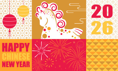 Chinese New Year 2026 Horse Poster Collage with Lanterns, Fireworks and Geometric Asian Patterns for Festive Greeting Card or Wall Art