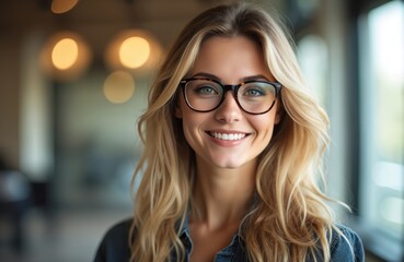 Attractive blonde woman smiles confidently at camera wearing glasses. She presents pro and assured look in indoor office setting. Image conveys success and positivity for business projects.