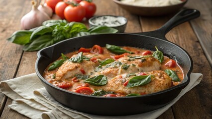 Delicious chicken breast in tomato sauce with basil leaves served in a cast iron skillet, a culinary delight for food enthusiasts