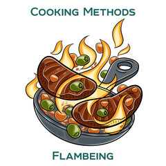 Flambeing. Cooking methods. Hand-drawn vector illustration.