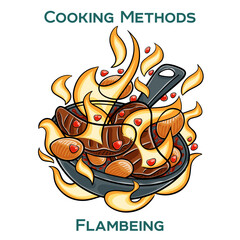 Flambeing. Cooking methods. Hand-drawn vector illustration.