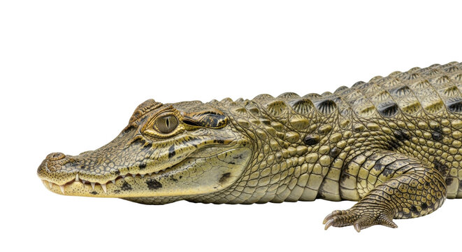 Isolated close-up of a juvenile caiman showing its armored skin in full detail, isolated - Powered by Adobe