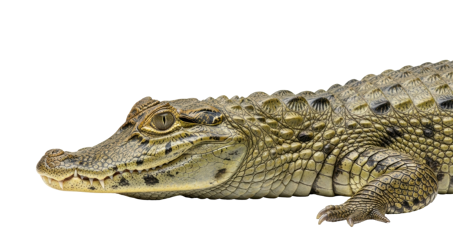 Isolated close-up of a juvenile caiman showing its armored skin in full detail, isolated