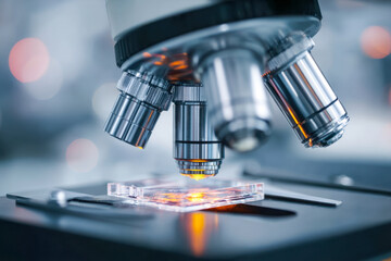 Precision scientific laboratory microscope focusing intense light on a specimen slide for detailed analysis in advanced medical and biological research settings