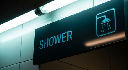Shower Sign Illuminated With Modern Lighting In Public Restroom Or Spa Facility