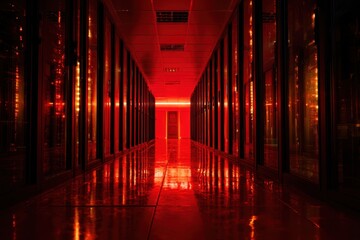 Cinematic view of a data center hallway with red ambient lighting