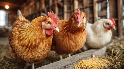 A group of chickens standing in a row inside a barn, looking at the camera with curiosity as they eat corn, creating a rustic and farmfresh scene