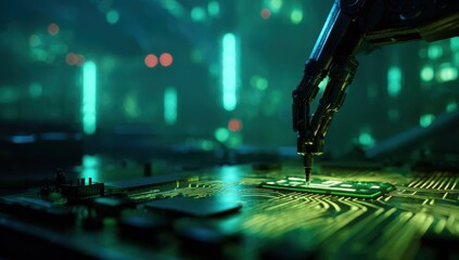 A robotic arm mid-placement over a green-glowing PCB