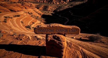 Sandstone Canyon Loop Sign In Arid Landscape, Majestic Desert, Scenic Route With Sunlit Valley
