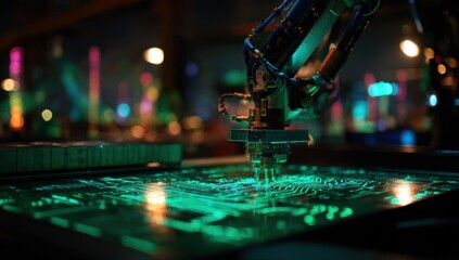 A robotic arm mid-placement over a green-glowing PCB